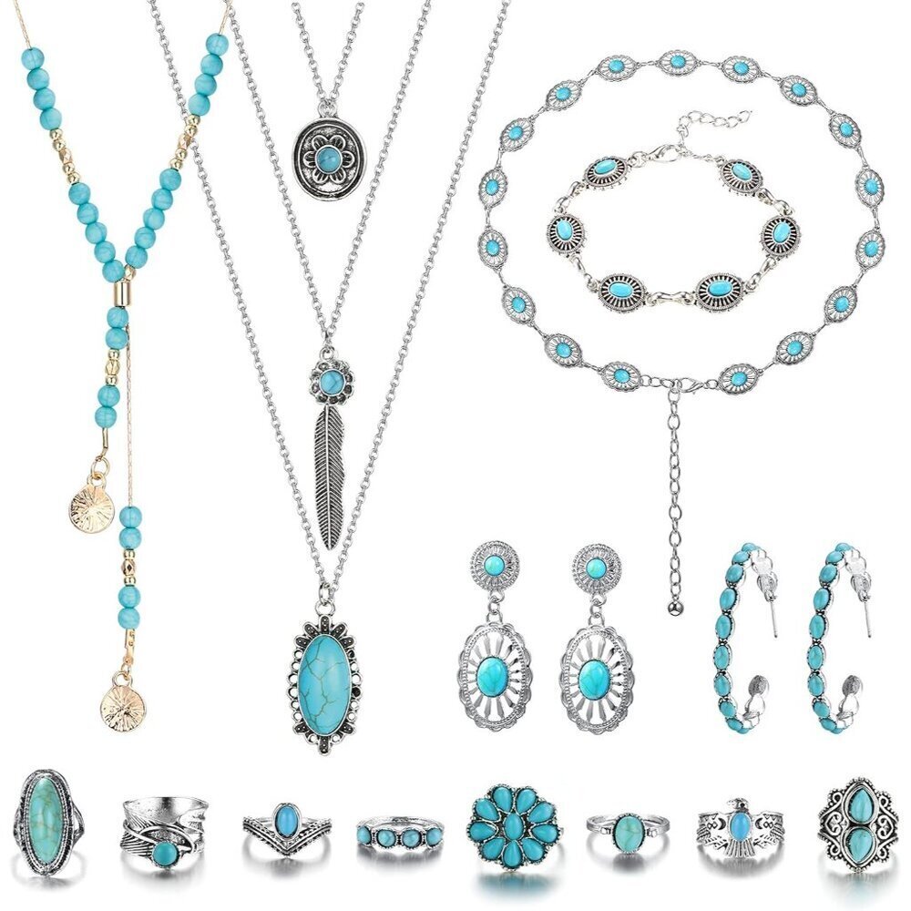 Bohemian Turquoise Jewelry Set Gemstone Alloy Necklaces Rings Earrings Bracelets